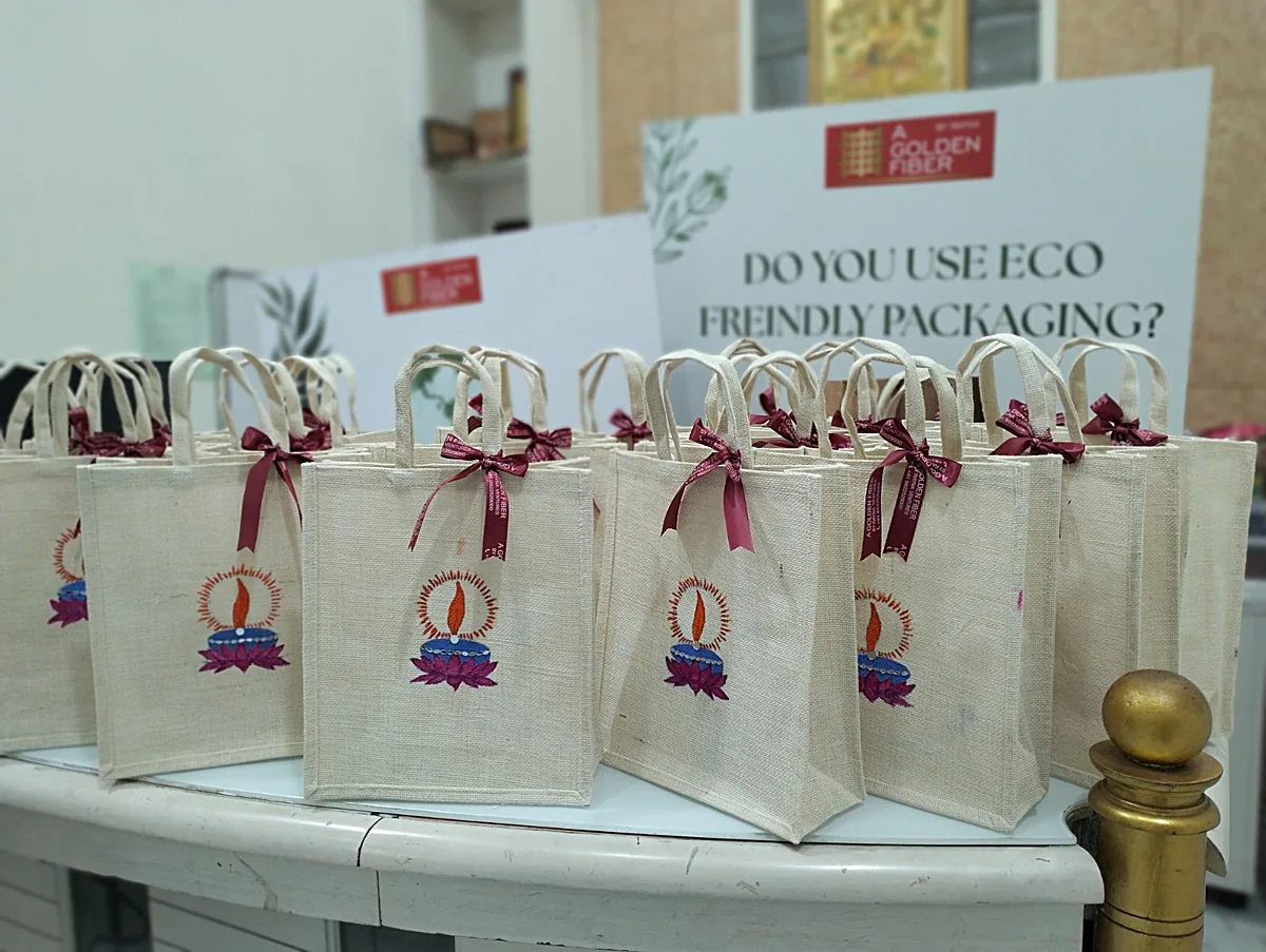 Custom printed jute bags prepared for a corporate event