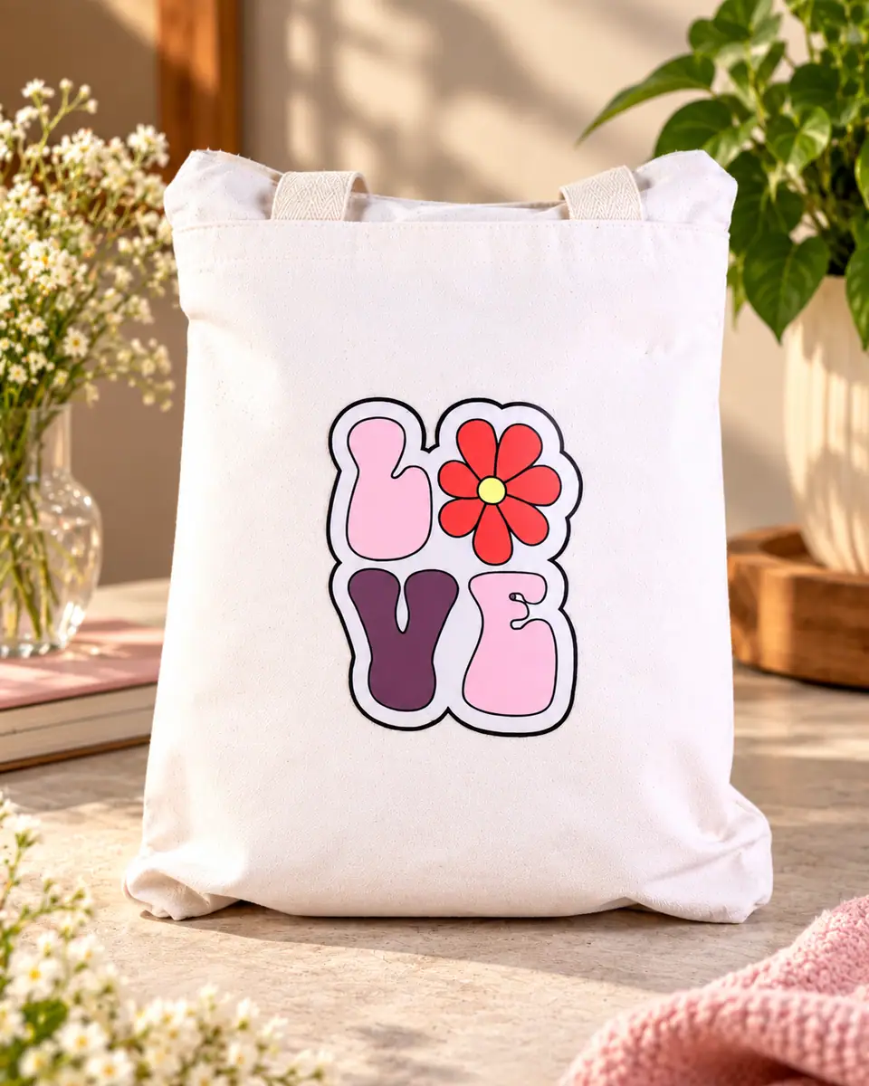 White Canvas Tote – Retro 'LOVE' Floral Print