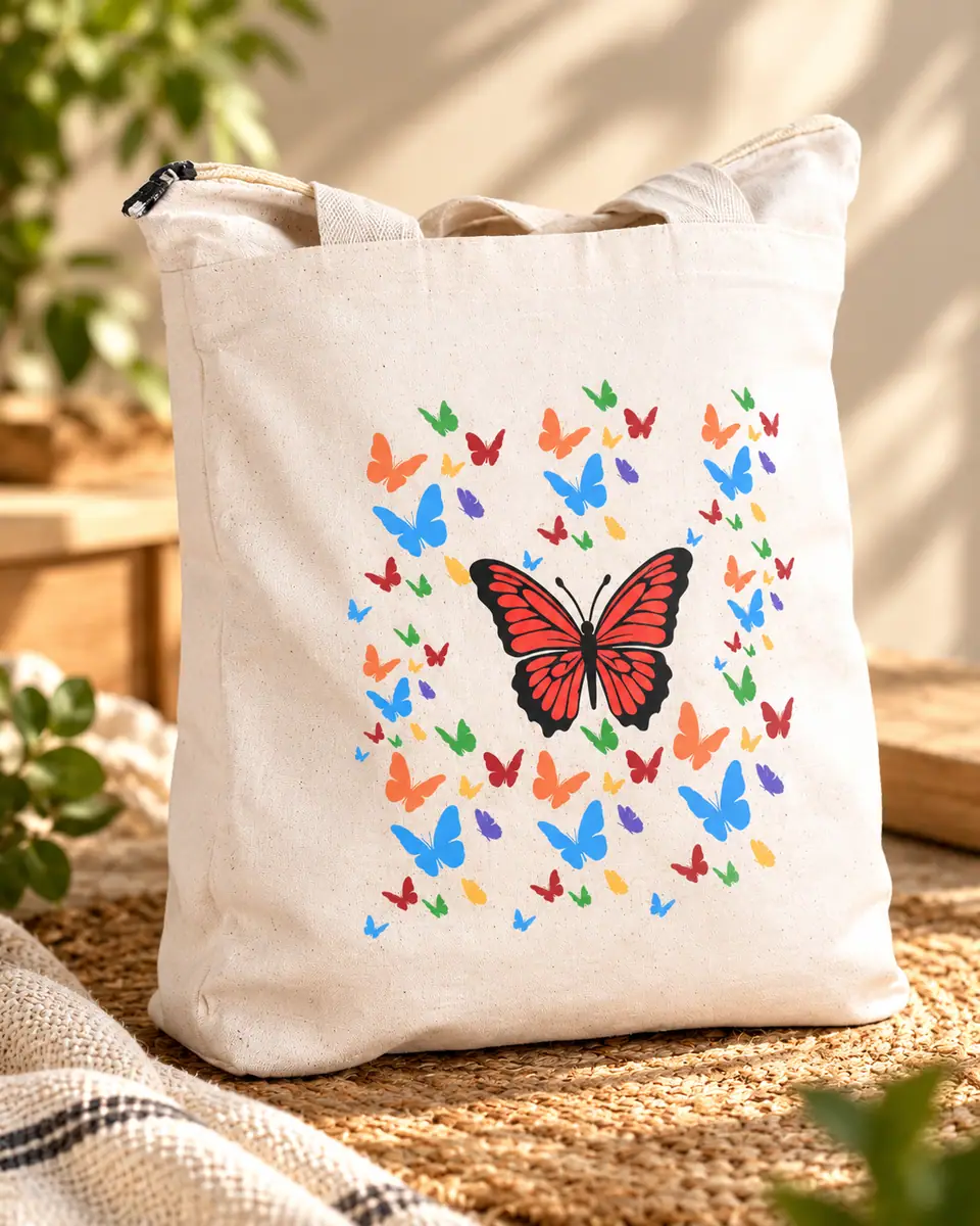 White Canvas Tote with Zip – Butterfly Print