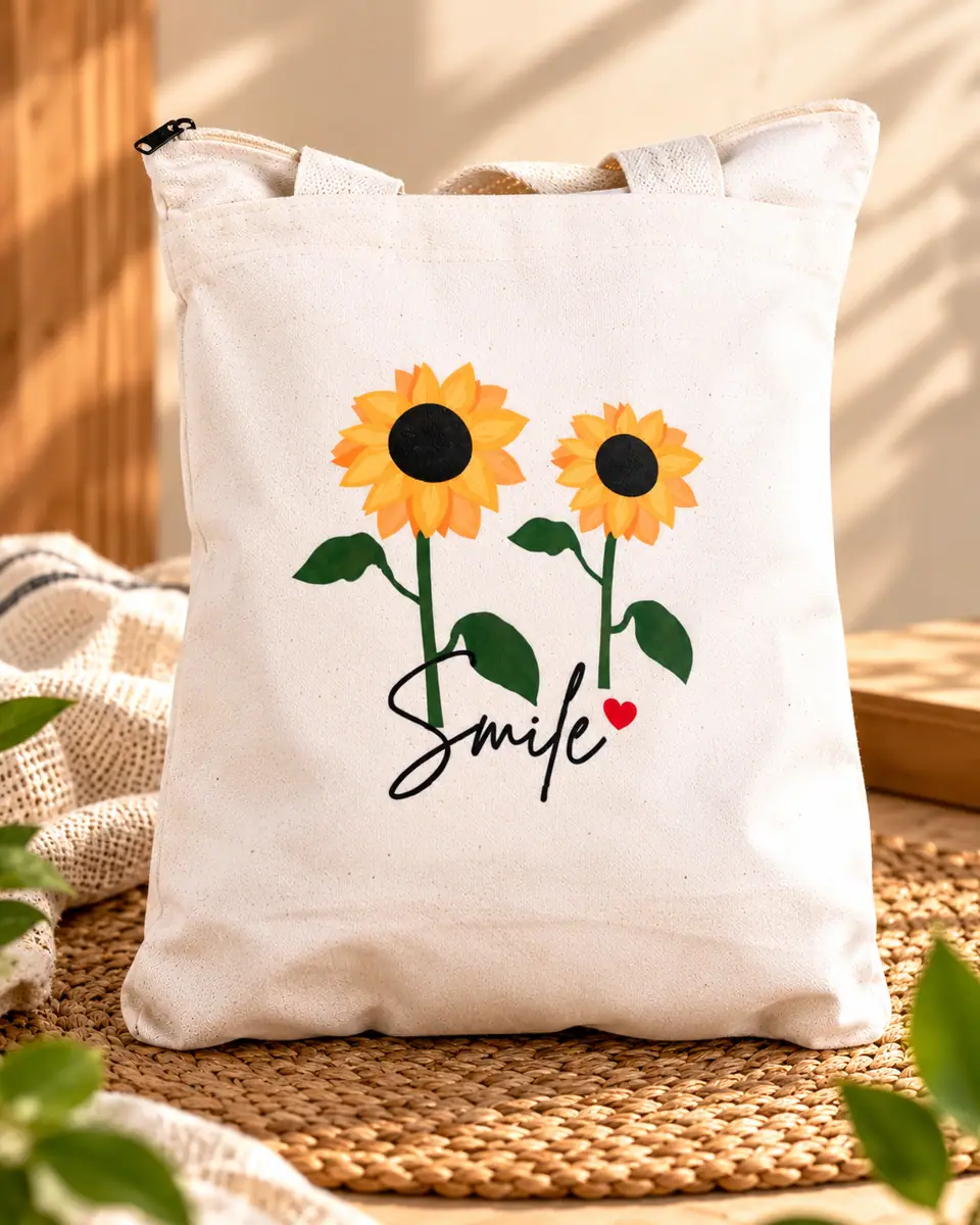 White Canvas Tote with Zip – Sunflower 'Smile' Print