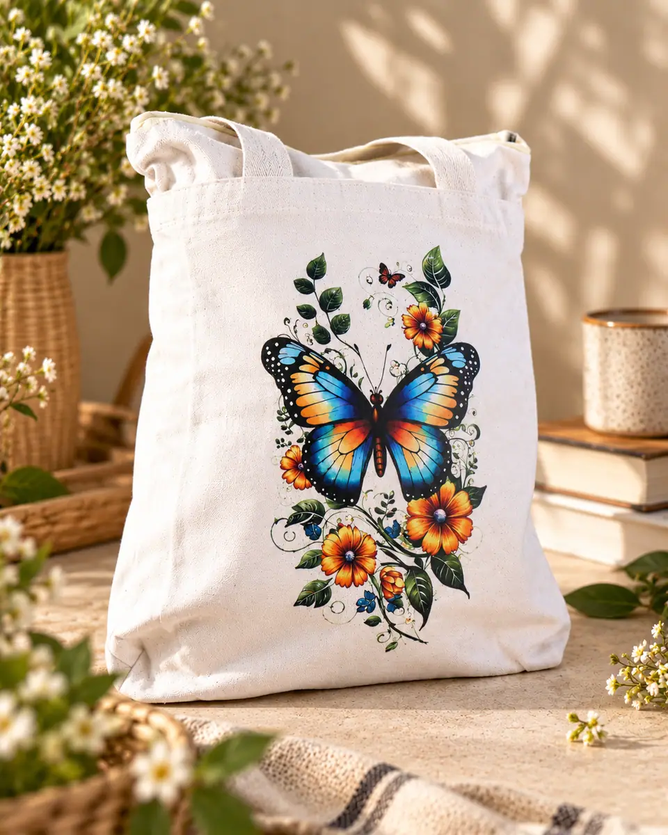 White Canvas Tote – Blue Butterfly & Sunflower Print