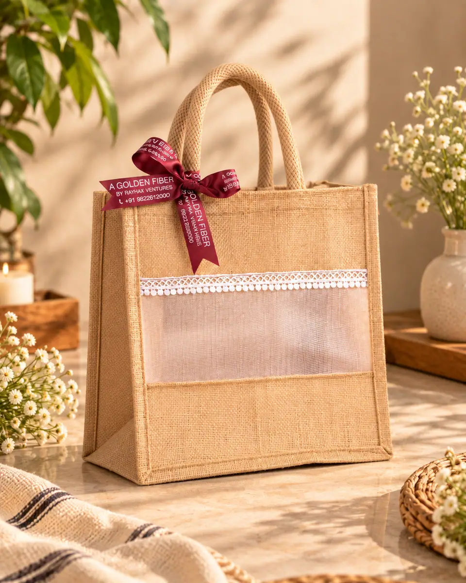 Ivory Jute Window Bag with Organza & Lace Trim