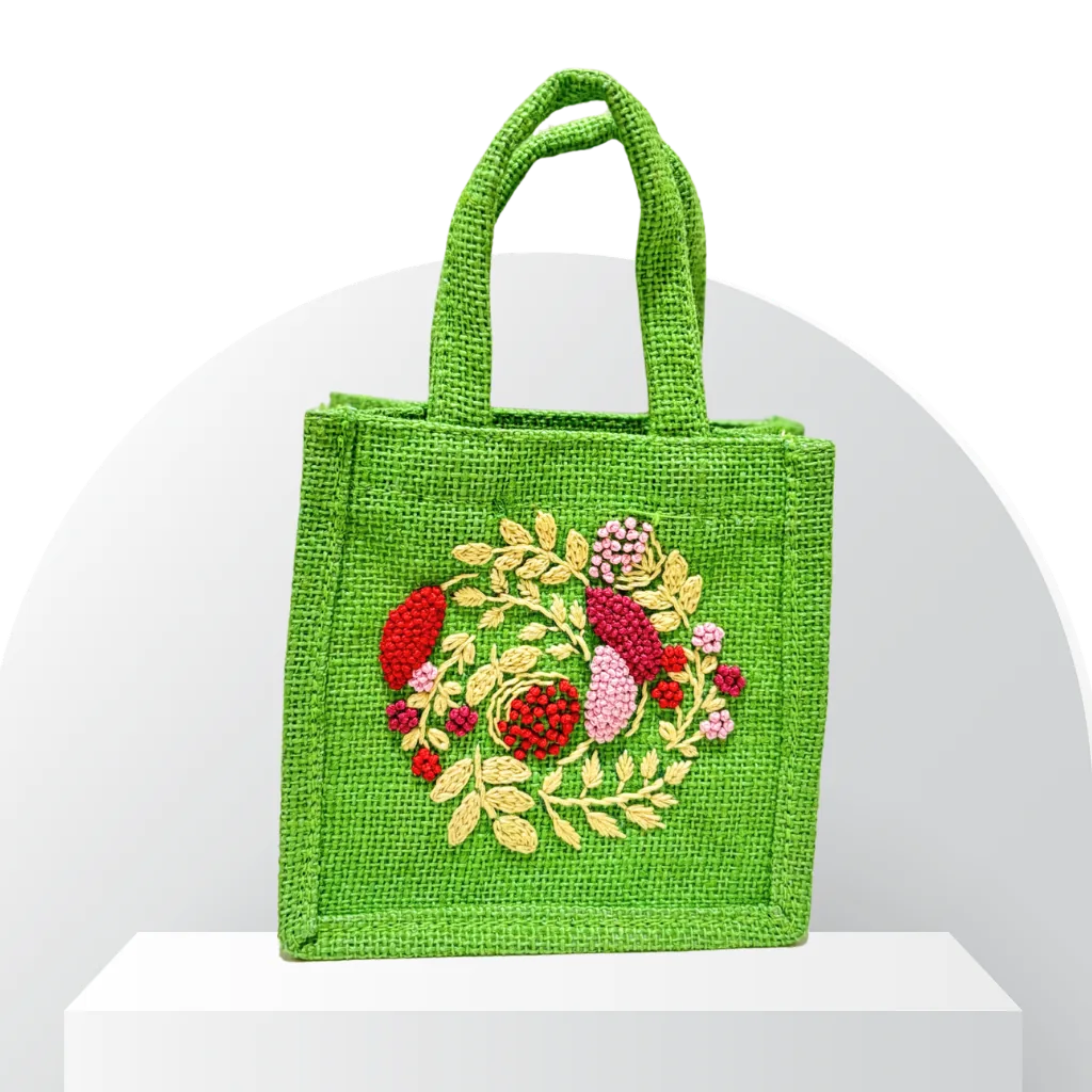 Mehndi Green Jute Bag with Floral Wreath Hand Embroidery