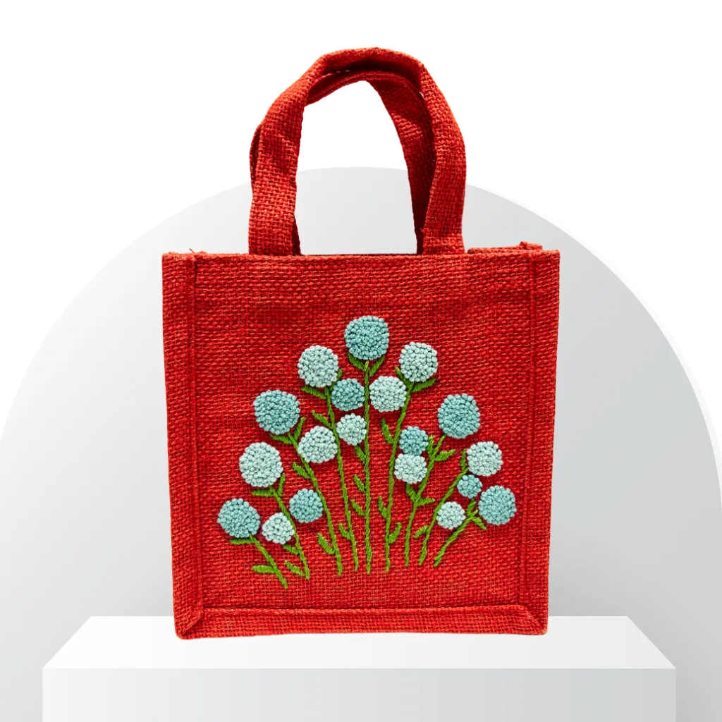 Red Jute Bag with Light-Blue Floral Hand Embroidery