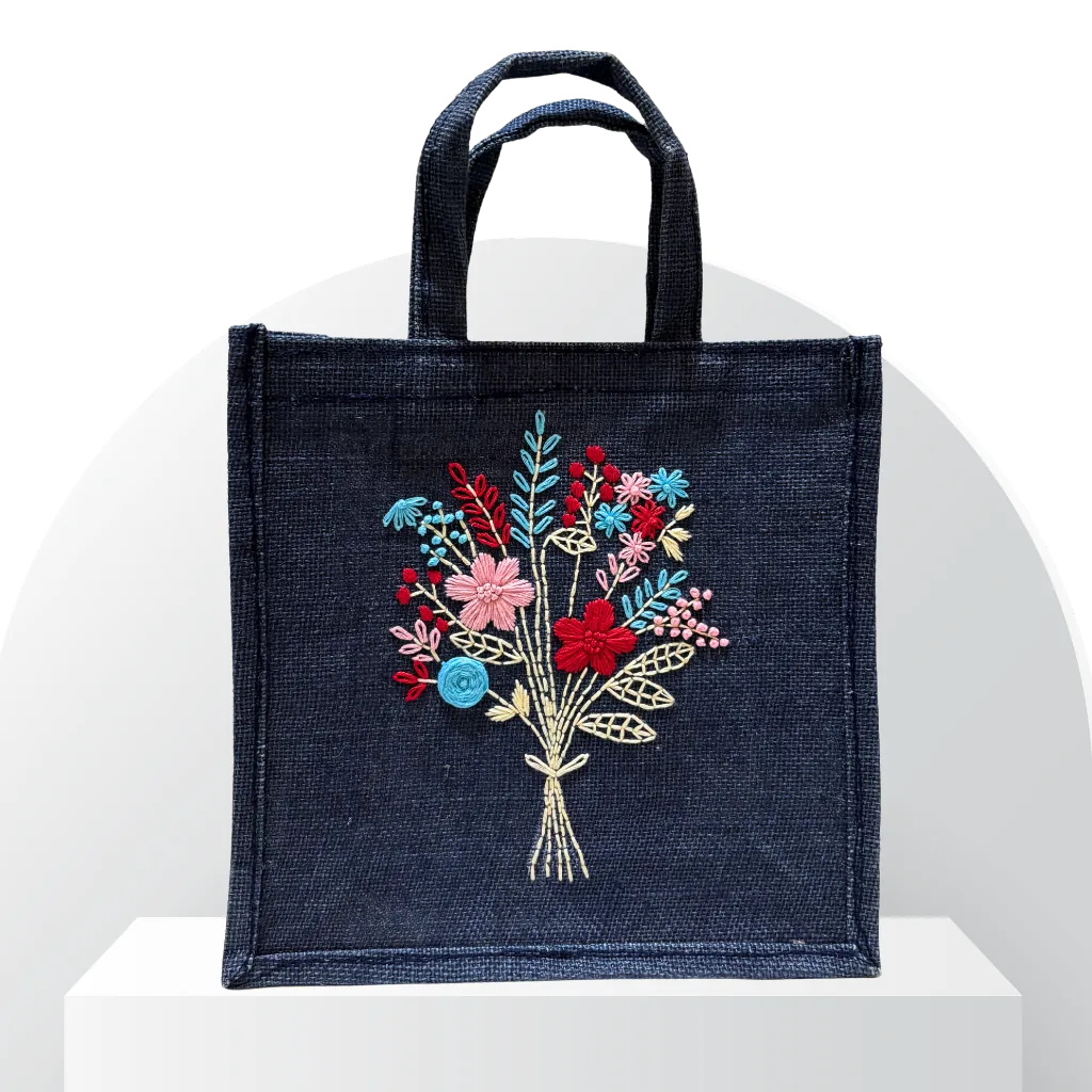 Navy Blue Jute Bag with Floral Hand Embroidery (Bouquet)