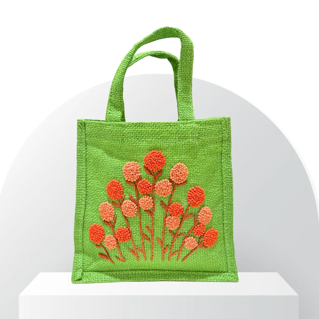 Mehndi Green Jute Bag with Marigold Hand Embroidery